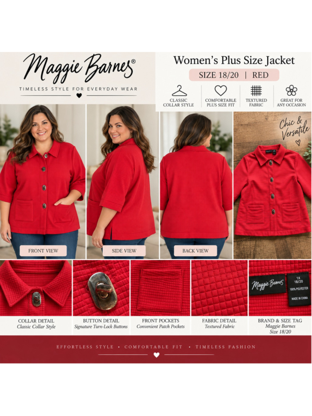 Women's Maggie Barnes Red Textured Jacket, Size 1X F26